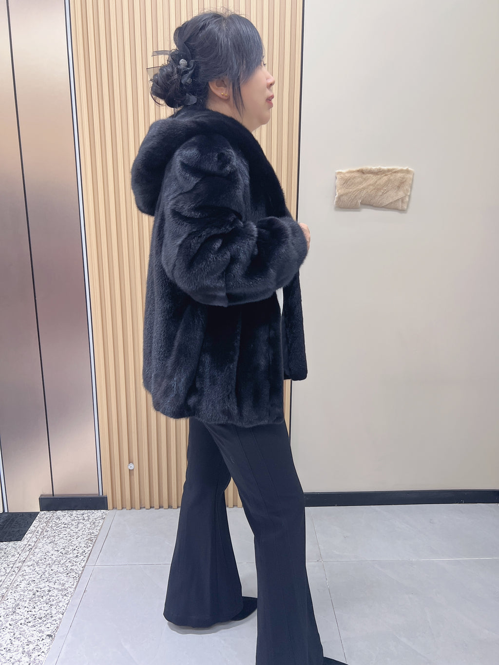 No. 205 Black Hooded Mink Fur Coat