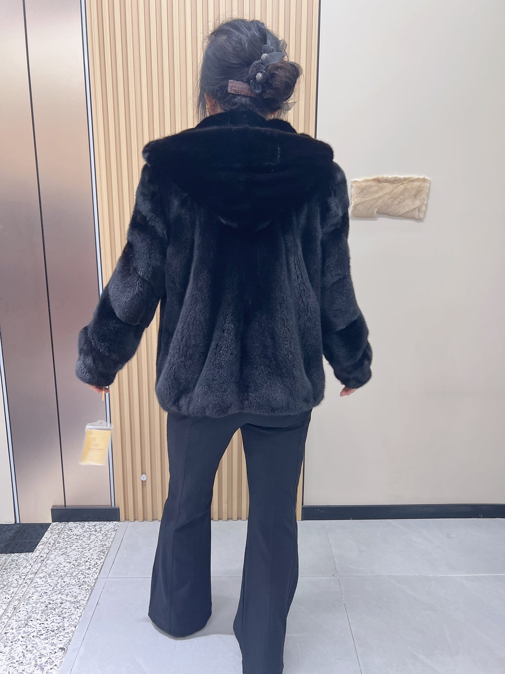 No. 205 Black Hooded Mink Fur Coat