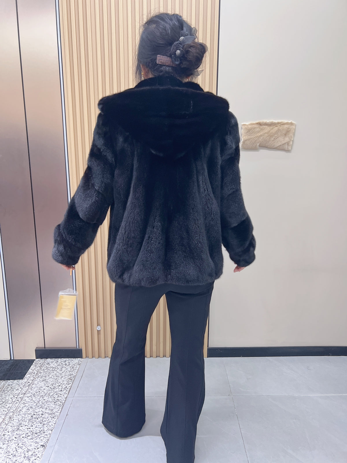 No. 205 Black Hooded Mink Fur Coat