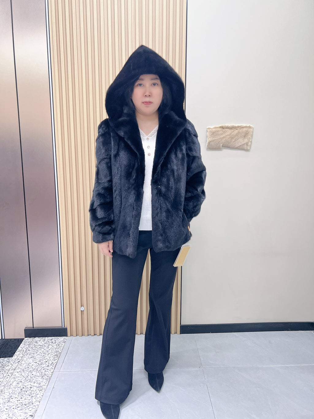 No. 205 Black Hooded Mink Fur Coat