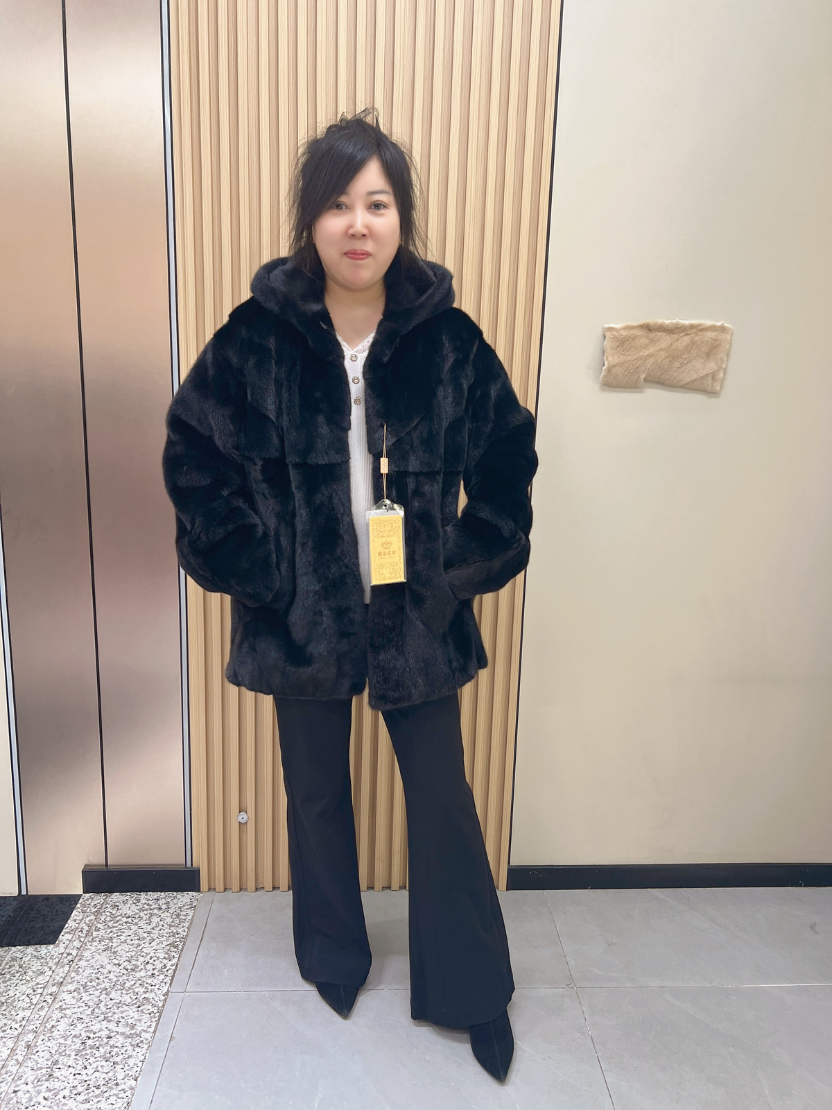 No. 214 Black Hooded Mink Fur Coat