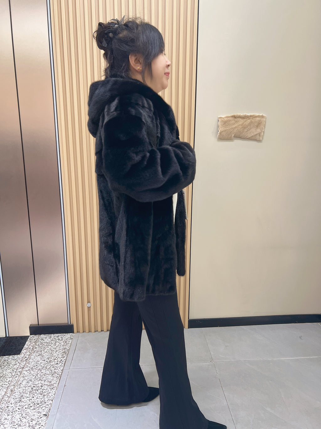 No. 214 Black Hooded Mink Fur Coat