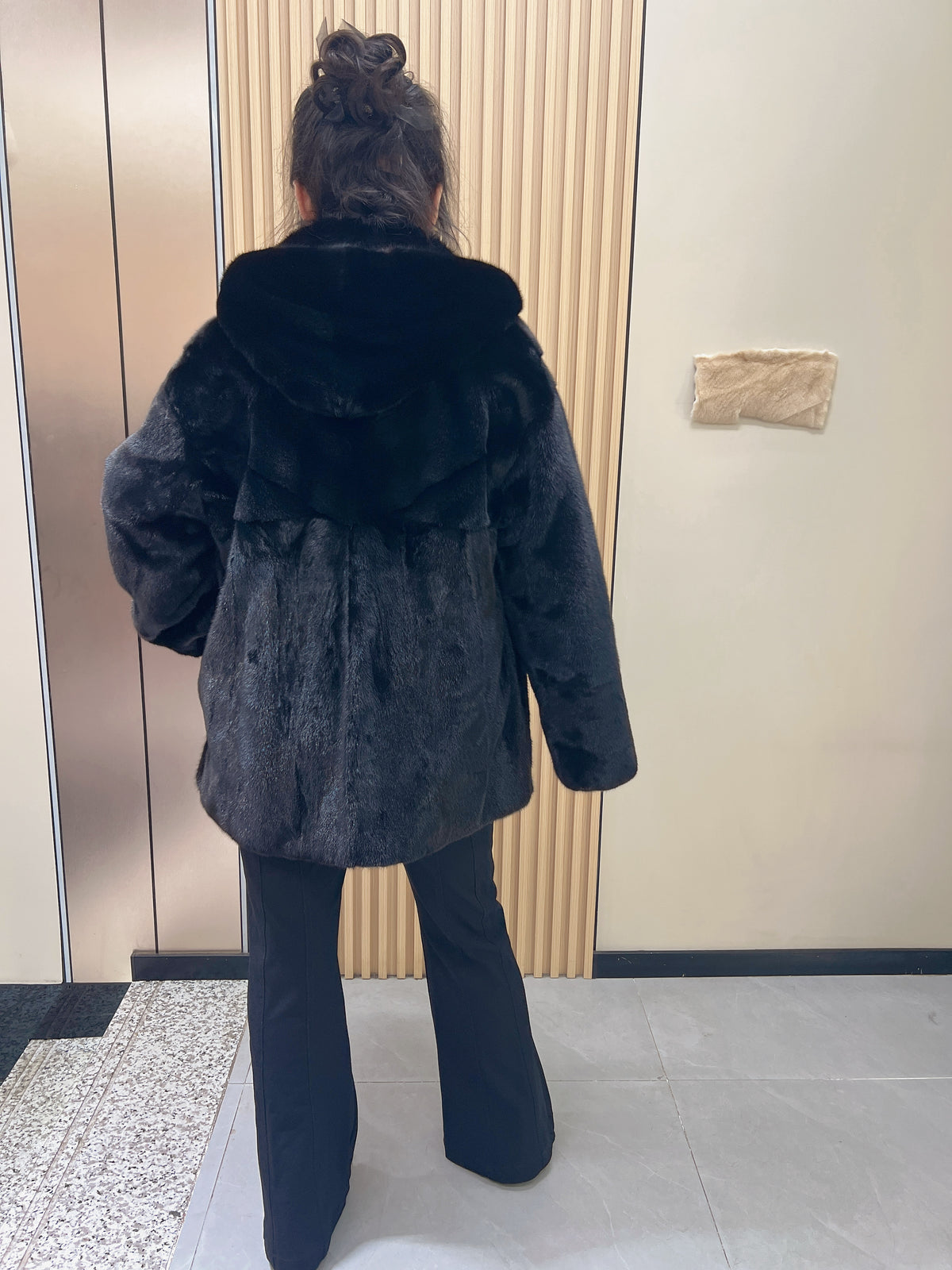 No. 214 Black Hooded Mink Fur Coat