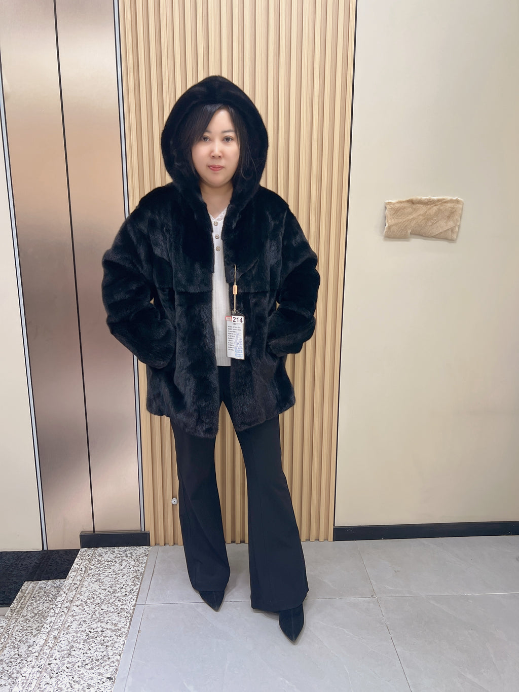 No. 214 Black Hooded Mink Fur Coat
