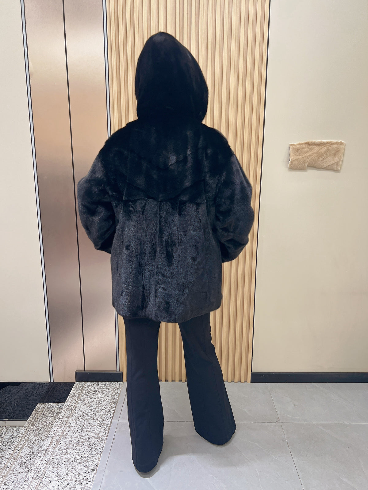 No. 214 Black Hooded Mink Fur Coat