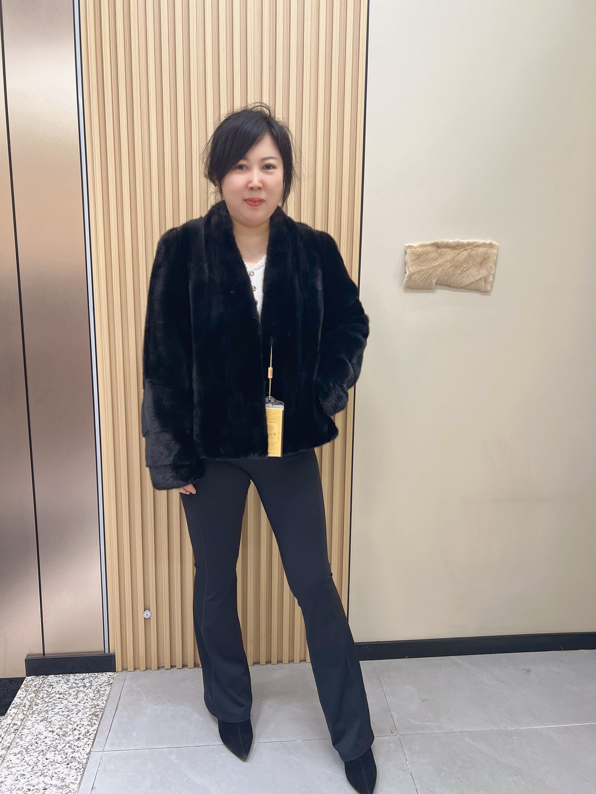 No. 221 Black V-Neck Mink Fur Coat