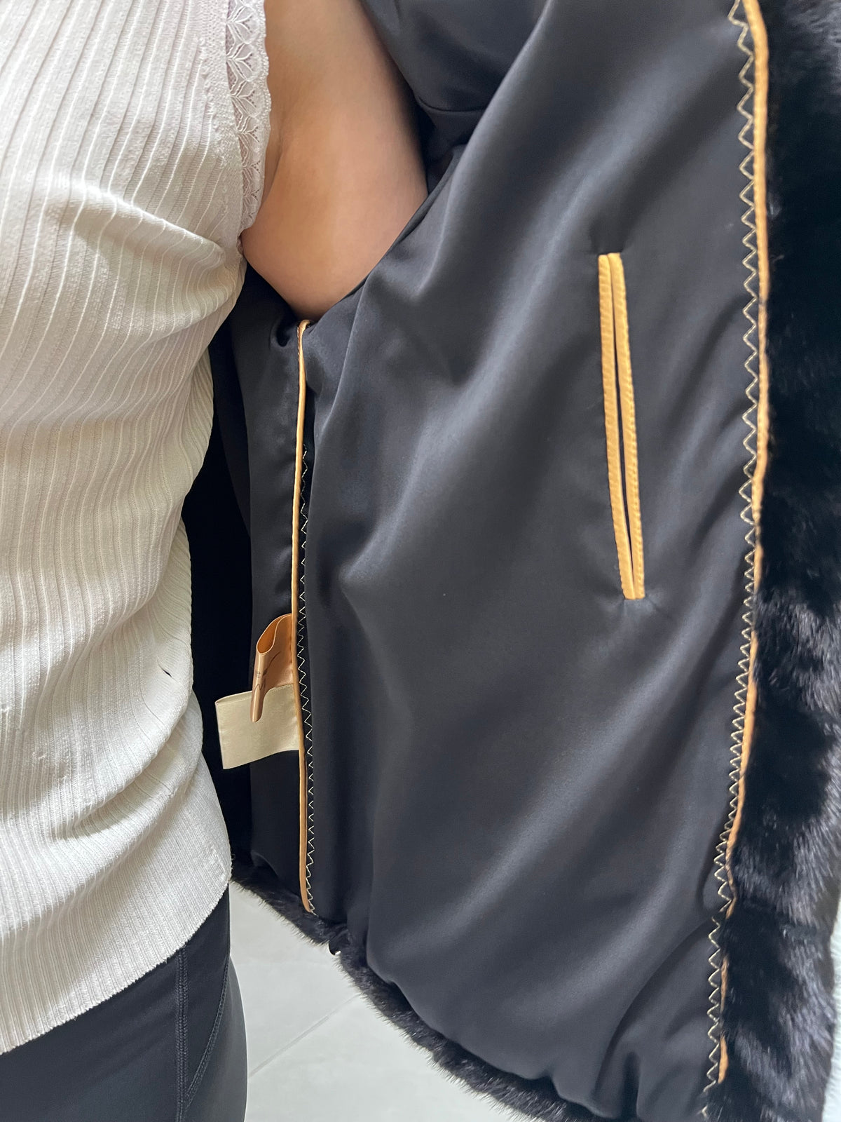 No. 215 Black Hooded Mink Fur Coat with Horizontal Paneling