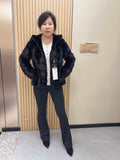 No. 215 Black Hooded Mink Fur Coat with Horizontal Paneling