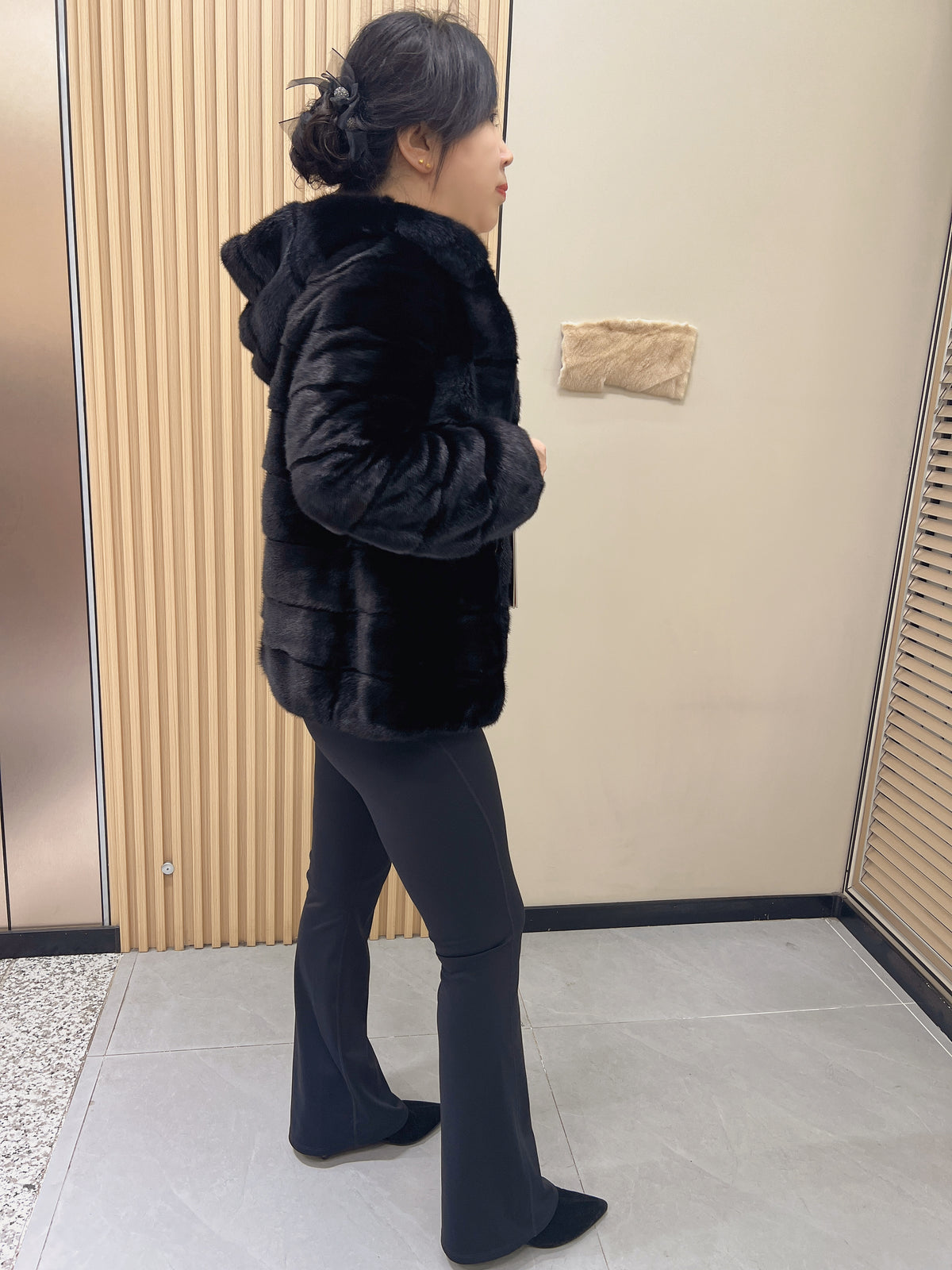 No. 215 Black Hooded Mink Fur Coat with Horizontal Paneling