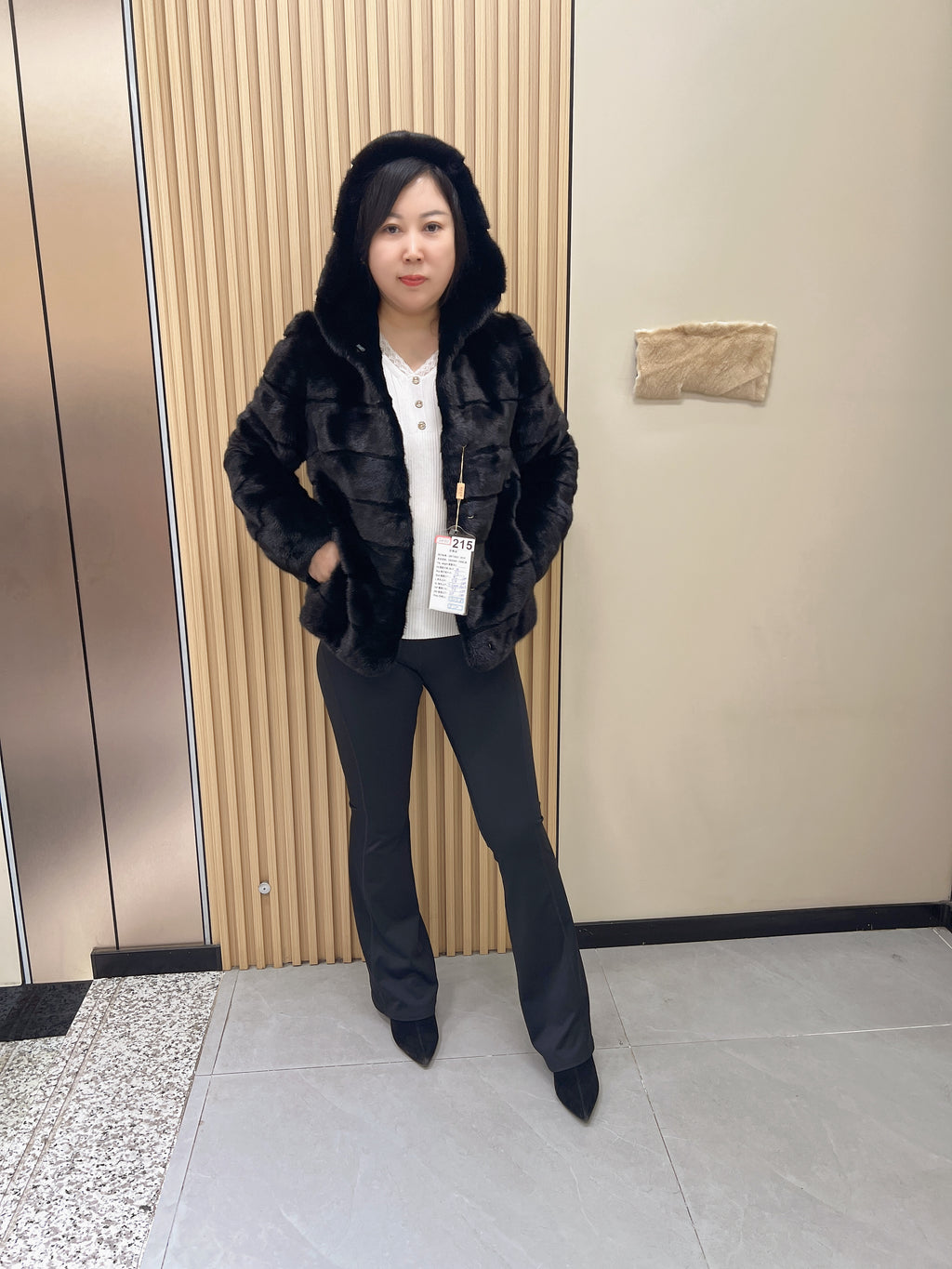 No. 215 Black Hooded Mink Fur Coat with Horizontal Paneling