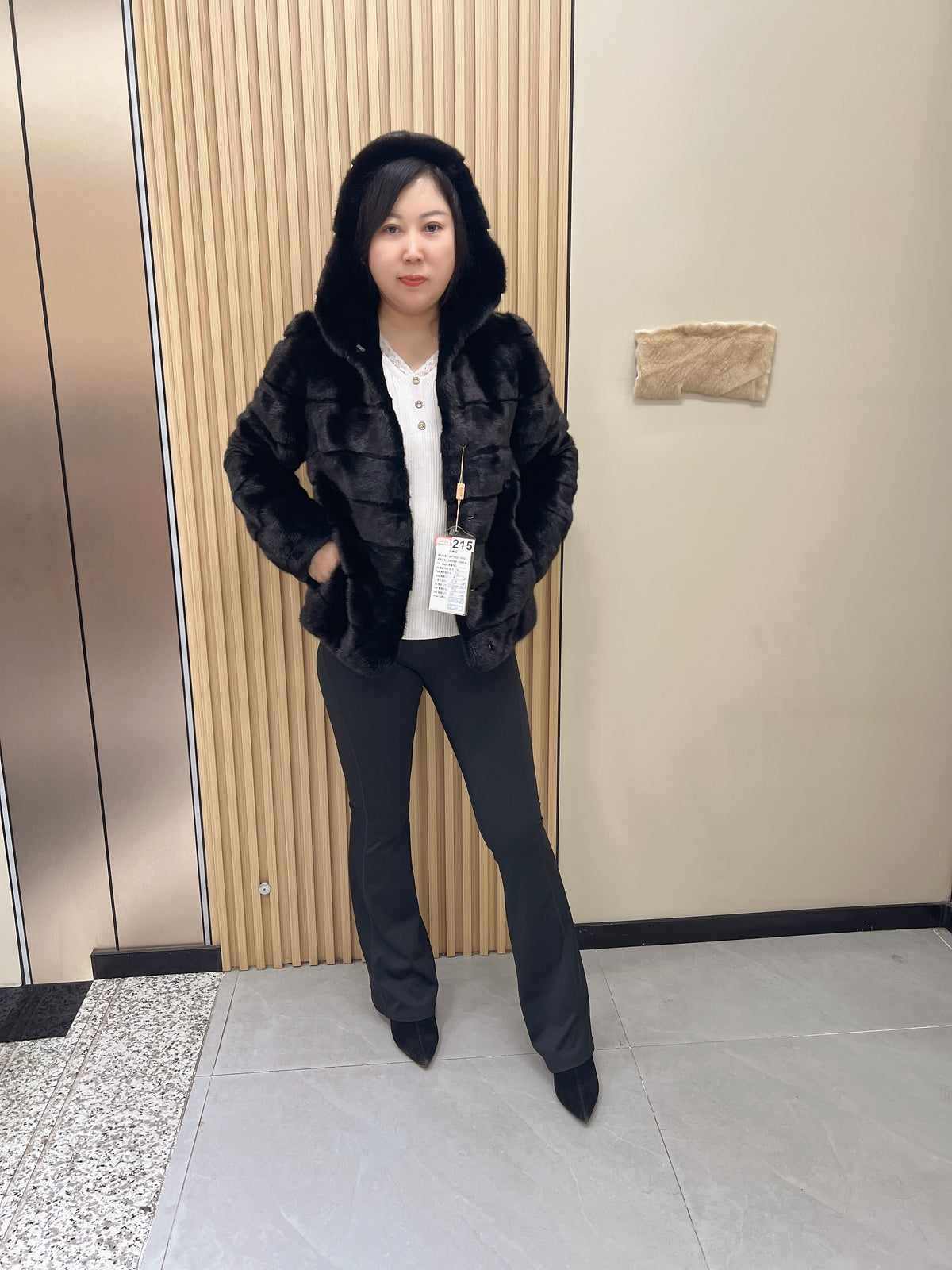 No. 215 Black Hooded Mink Fur Coat with Horizontal Paneling