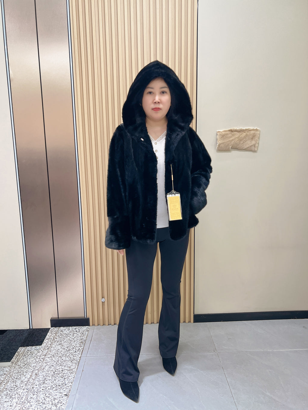 No. 233 Black Hooded Mink Fur Coat