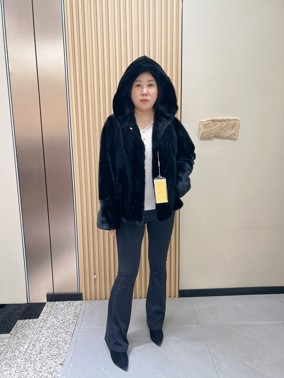No. 233 Black Hooded Mink Fur Coat
