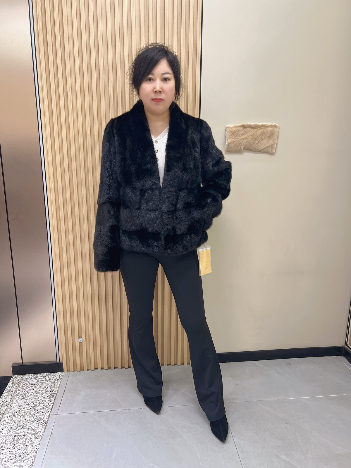 No. 230 Black V-Neck Mink Fur Coat (Horizontal and Vertical Pattern Design)