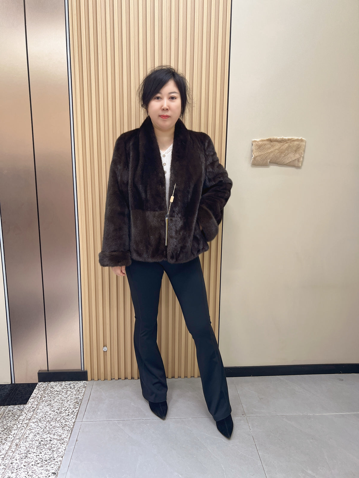 No. 236 Dark Brown V-Neck Mink Fur Coat (with Cuffed Sleeves)