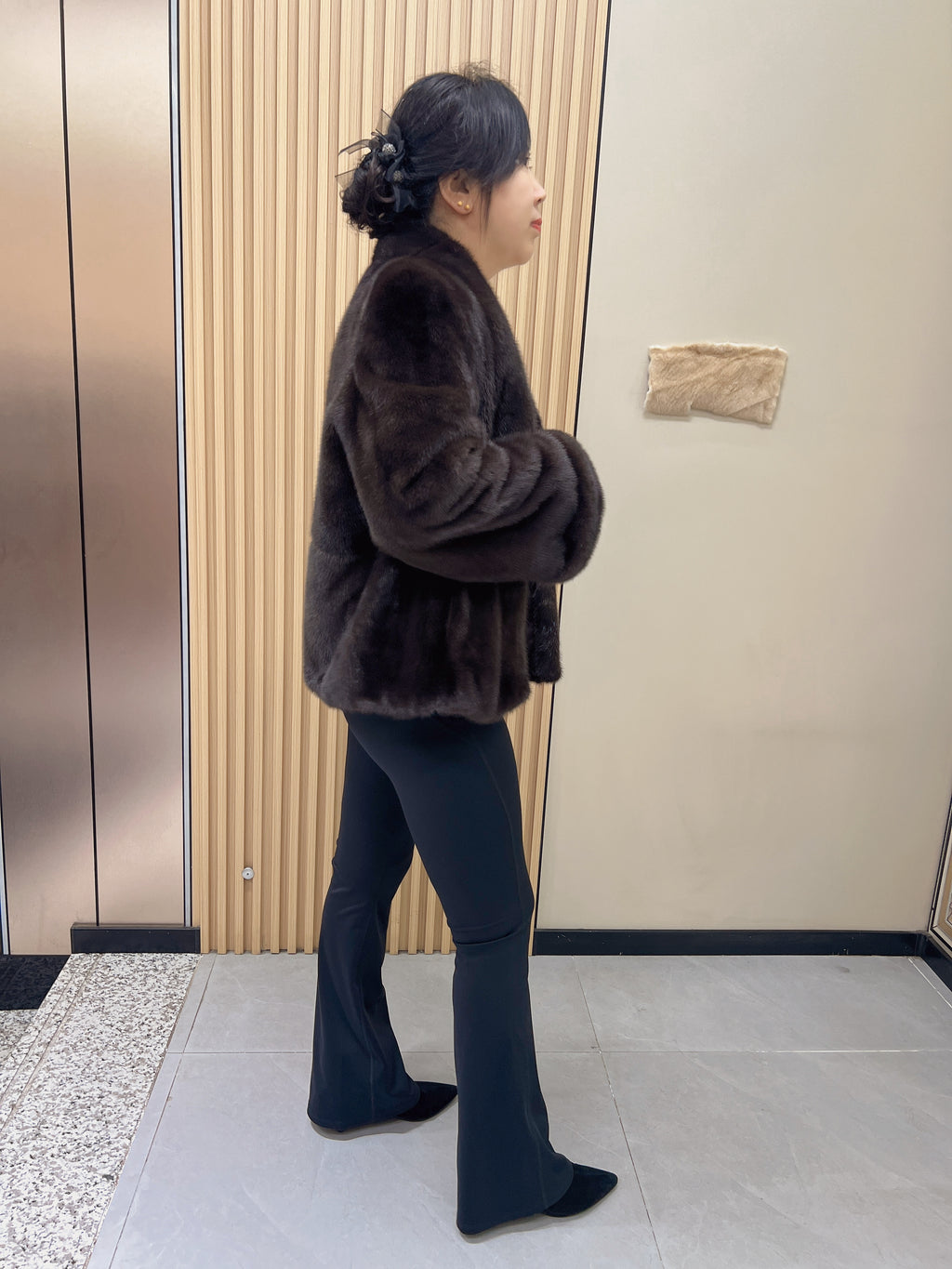 No. 236 Dark Brown V-Neck Mink Fur Coat (with Cuffed Sleeves)