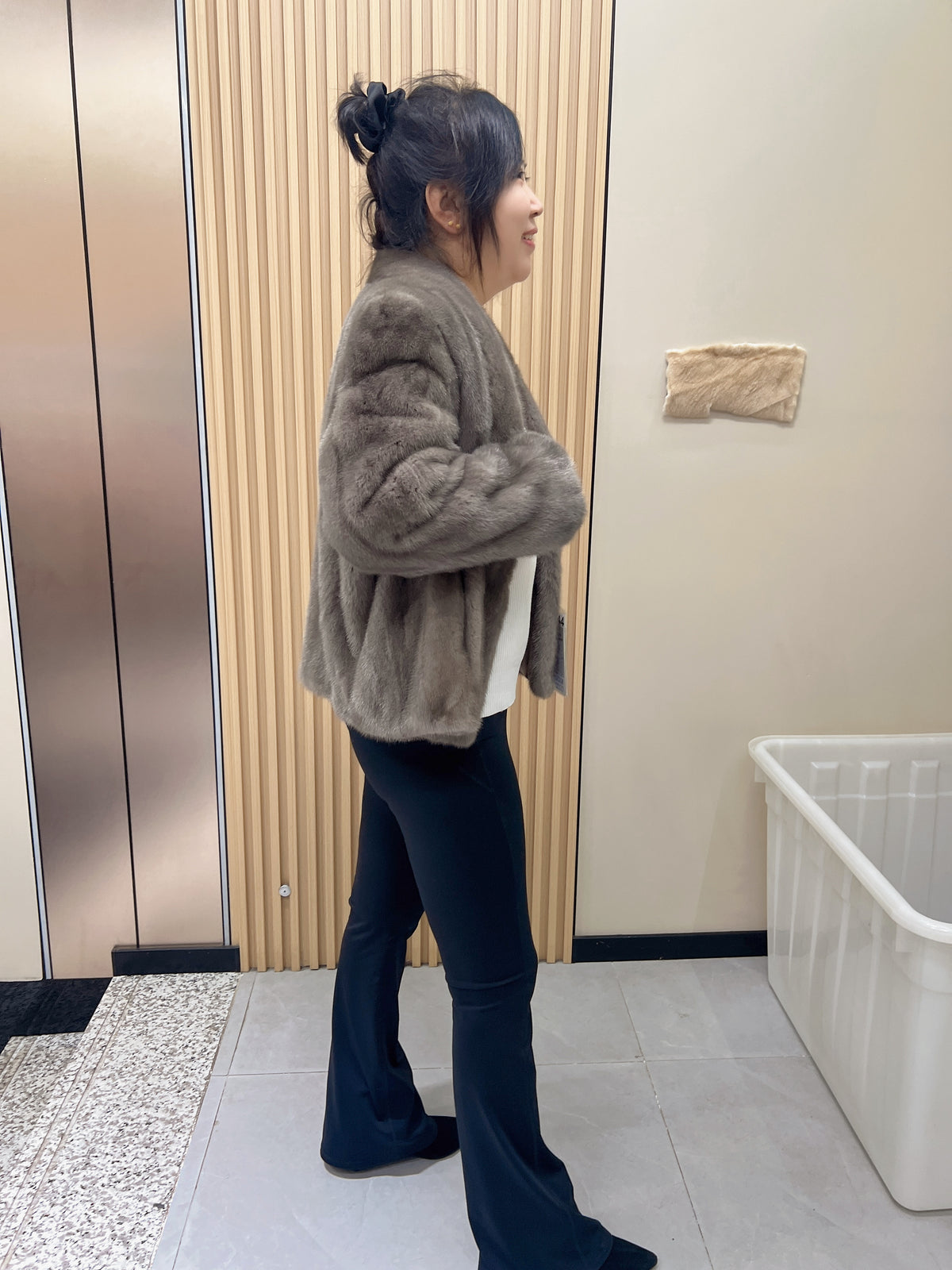 No. 244 Latte-Grey V-Neck Mink Fur Coat