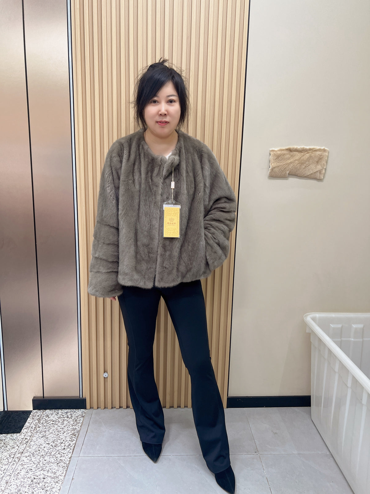 No. 254 Grey Collarless Mink Fur Coat