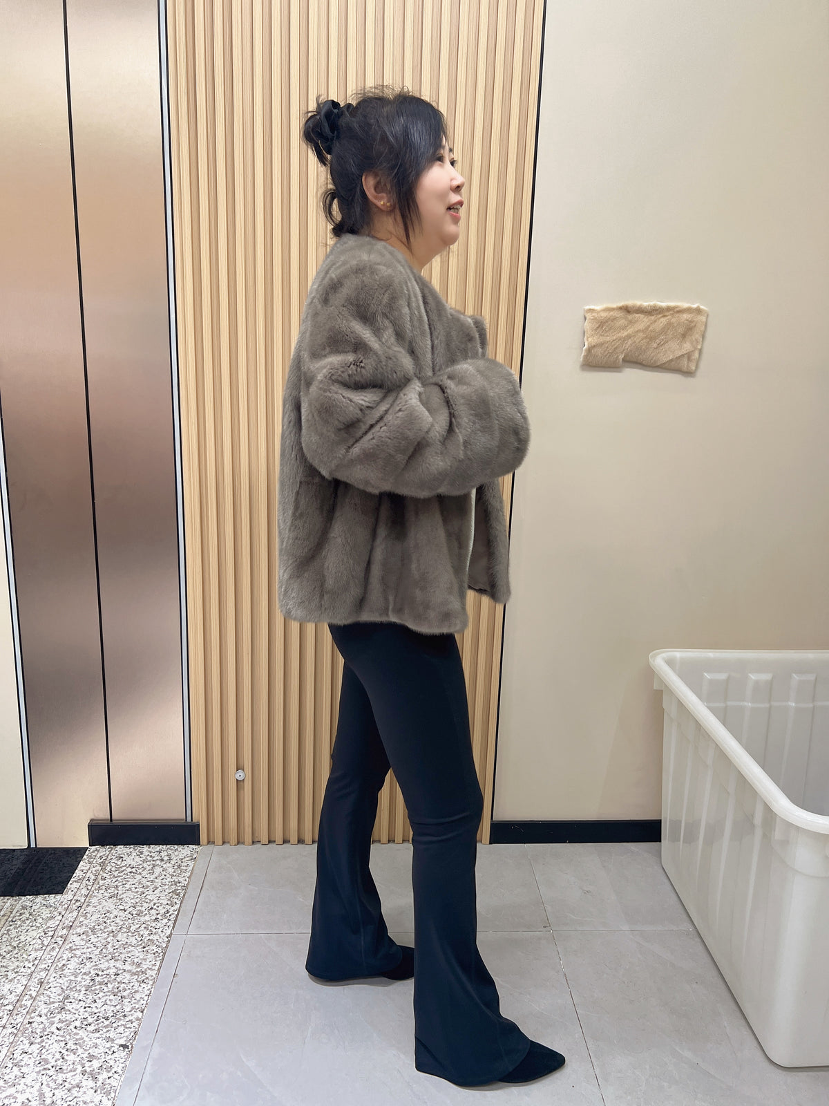 No. 254 Grey Collarless Mink Fur Coat