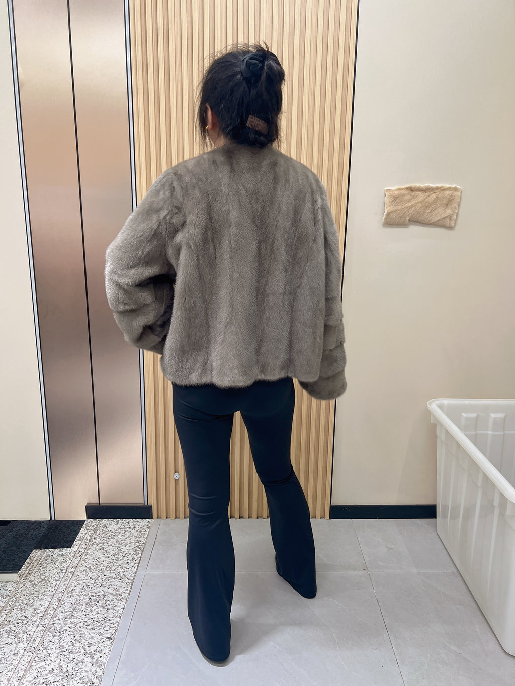 No. 254 Grey Collarless Mink Fur Coat