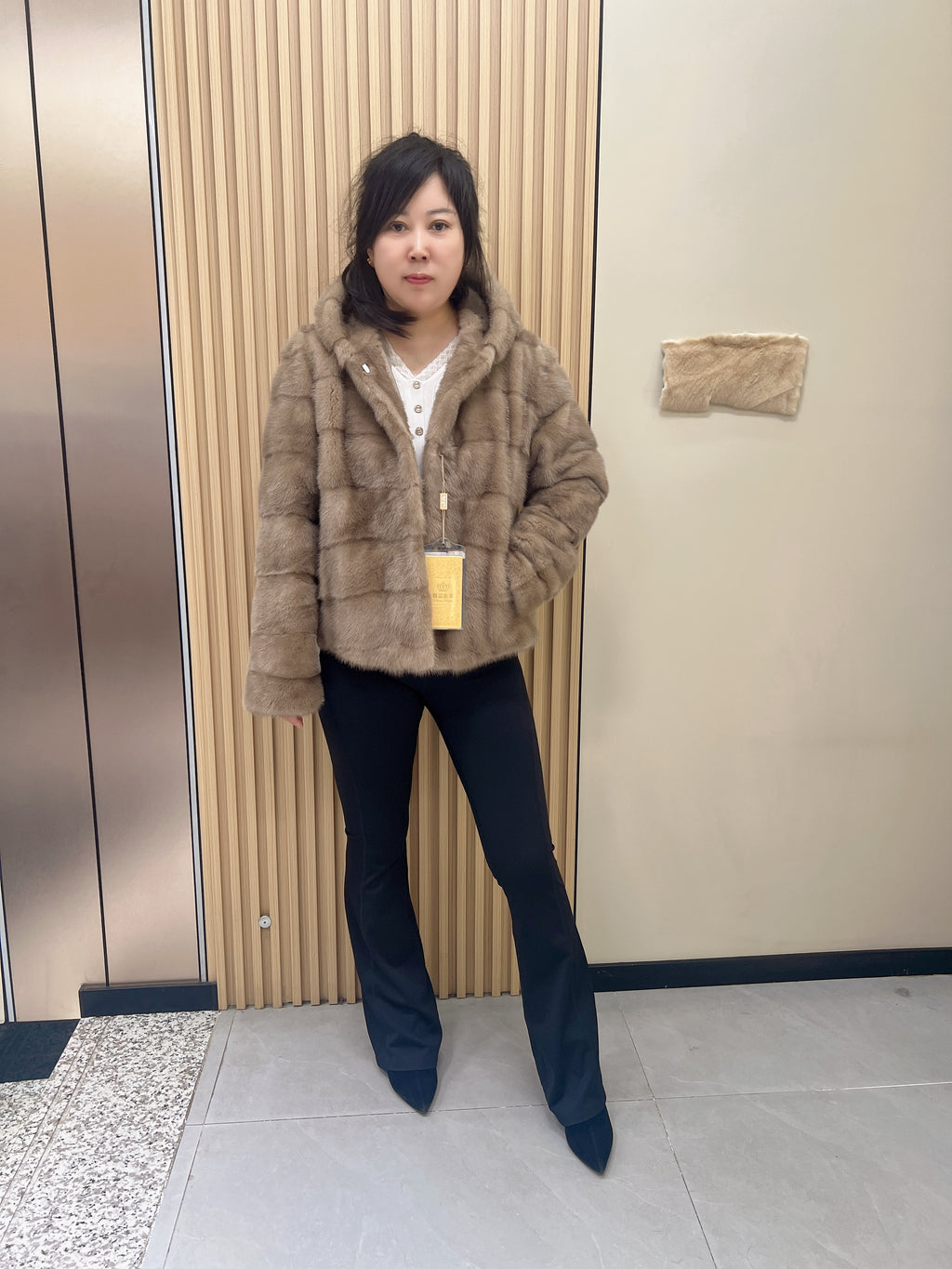No. 277 Brown Hooded Horizontal-Stripe Mink Fur Coat