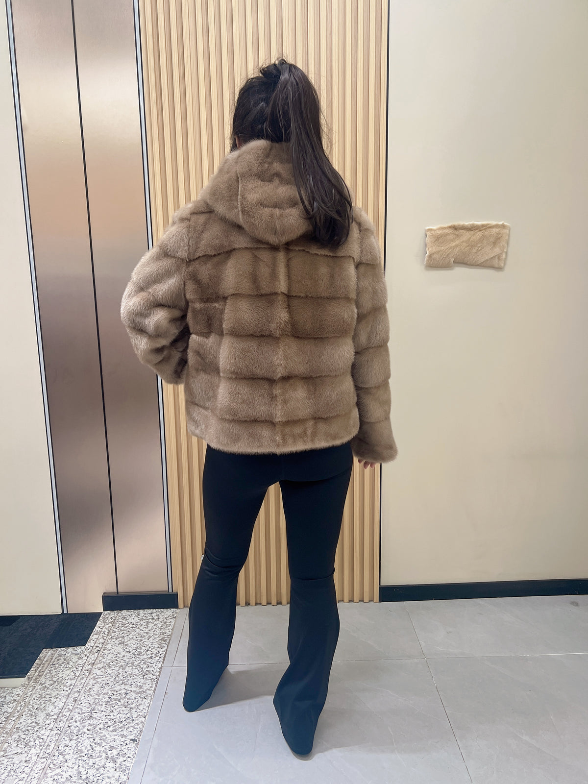 No. 277 Brown Hooded Horizontal-Stripe Mink Fur Coat