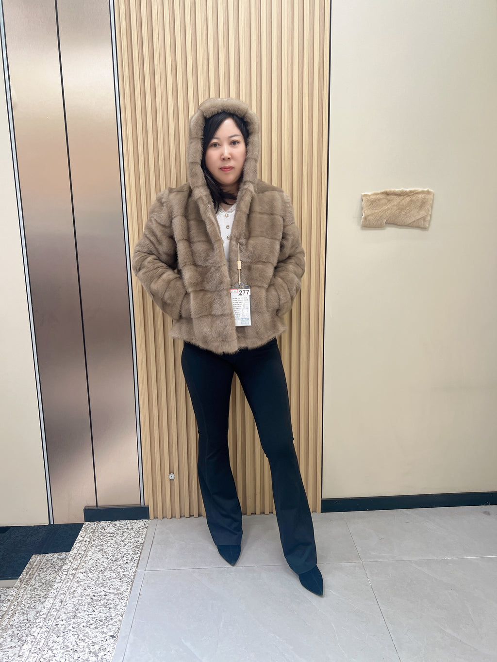 No. 277 Brown Hooded Horizontal-Stripe Mink Fur Coat