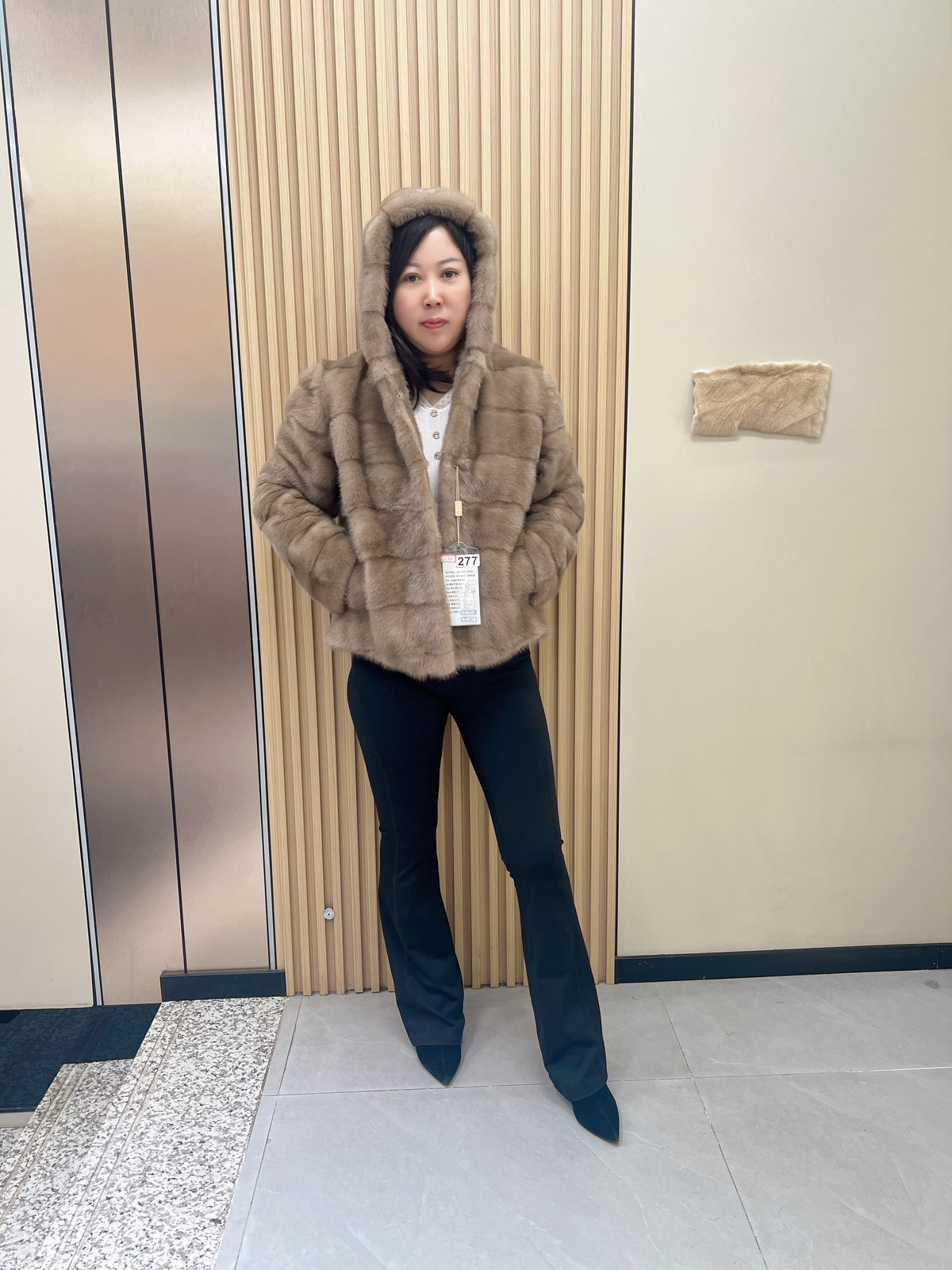 No. 277 Brown Hooded Horizontal-Stripe Mink Fur Coat