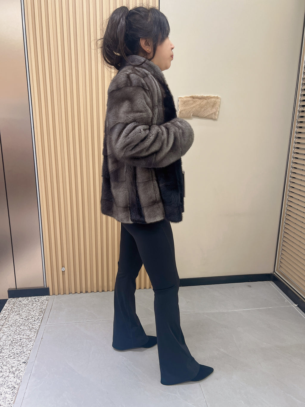 No. 272 Grey Gradient Stand-Collar Horizontal-Stripe Mink Fur Coat