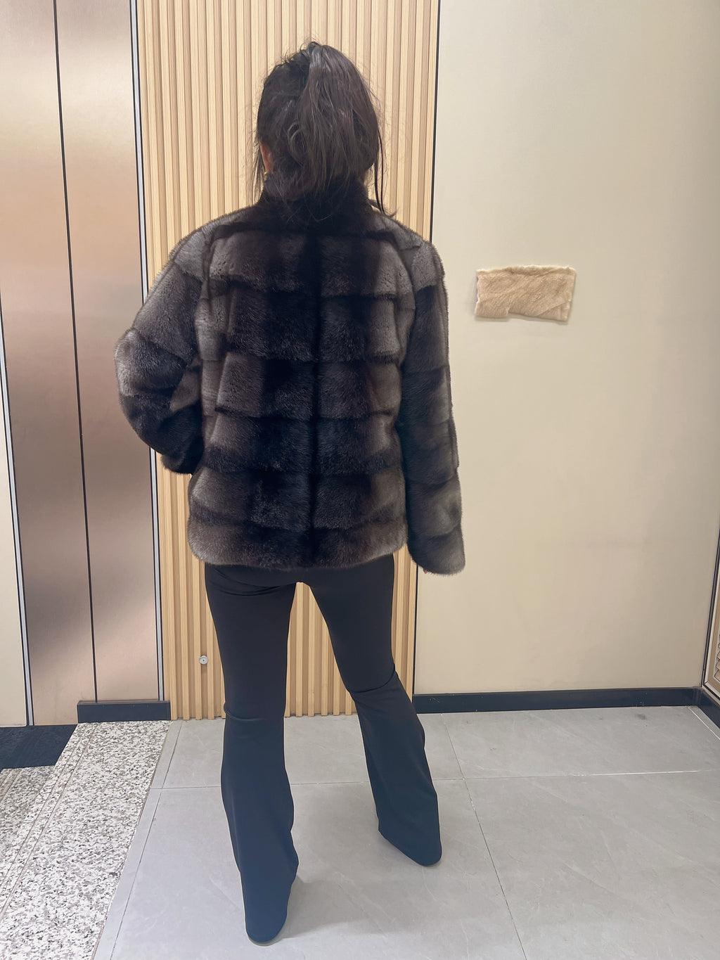 No. 272 Grey Gradient Stand-Collar Horizontal-Stripe Mink Fur Coat