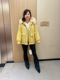 No. 271 light yellow parka, featuring a rabbit fur lining, a hood, and a fox fur collar.