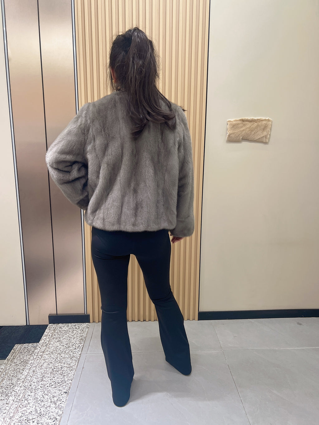 No. 286 Latte-Grey Collarless Mink Fur Coat