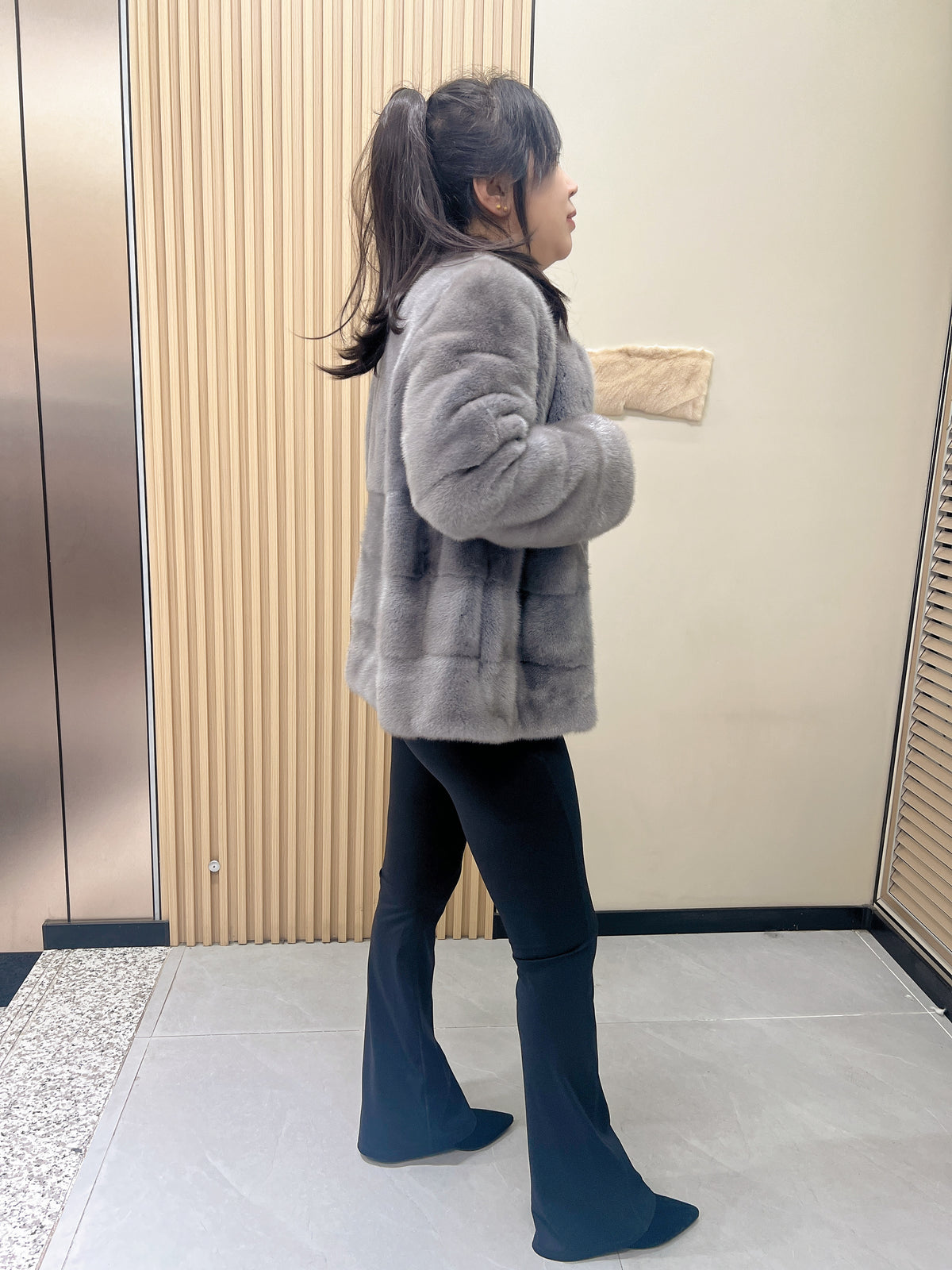 No. 288 Latte Grey Collarless Mink Fur Coat
