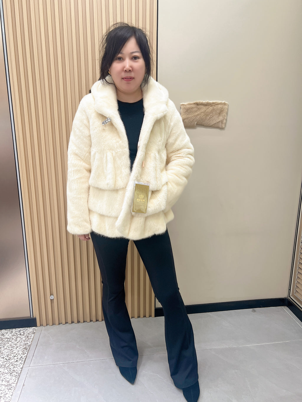 No. 284 Off-White Hooded Mink Fur Coat