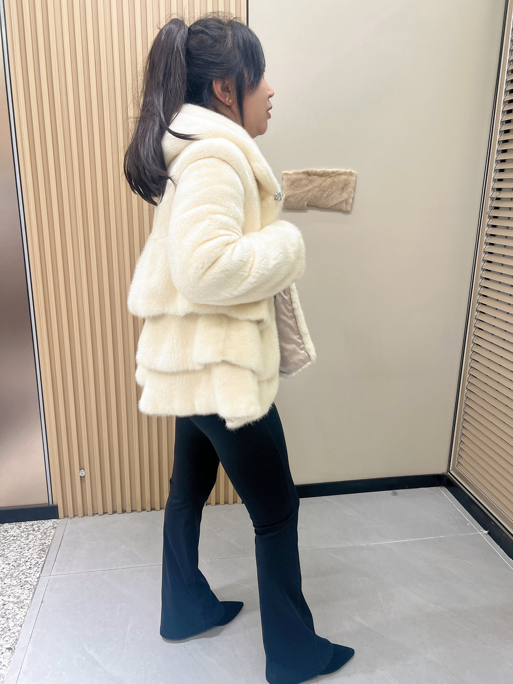 No. 284 Off-White Hooded Mink Fur Coat