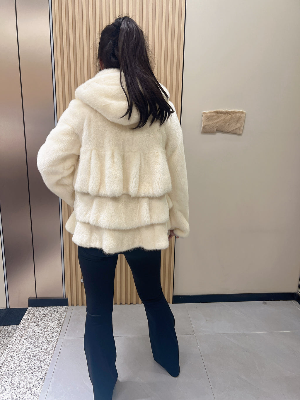 No. 284 Off-White Hooded Mink Fur Coat