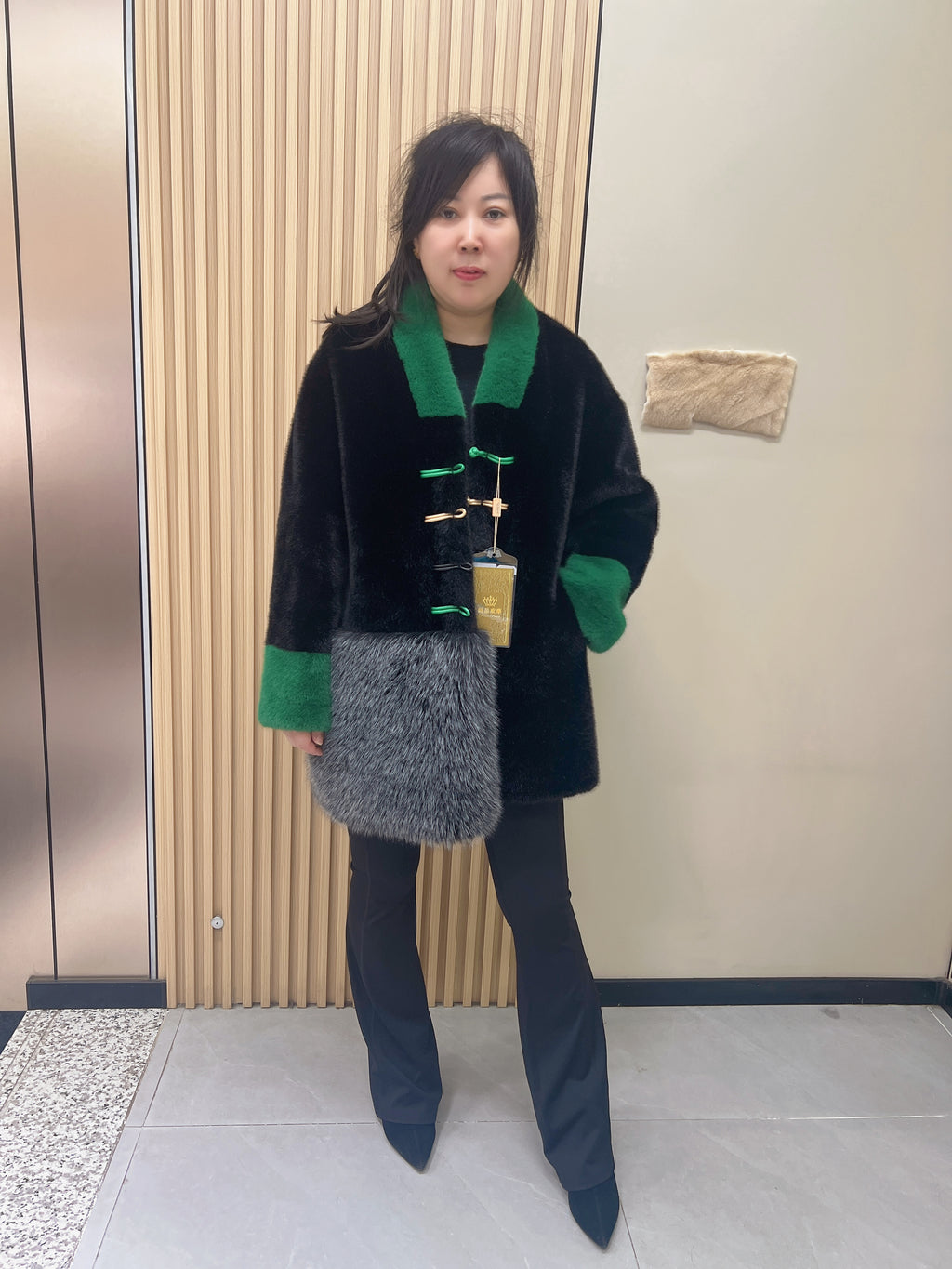 No. 273 Black, green, and gray color-block faux fur coat