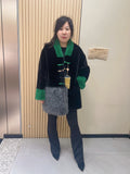 No. 273 Black, green, and gray color-block faux fur coat