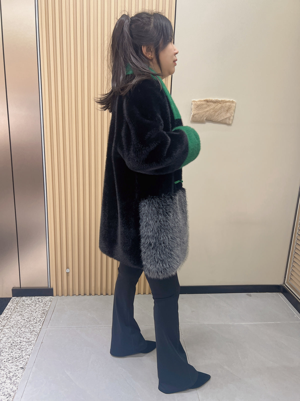 No. 273 Black, green, and gray color-block faux fur coat