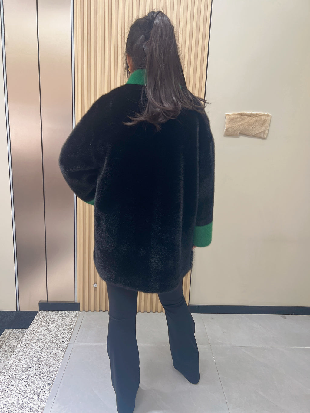 No. 273 Black, green, and gray color-block faux fur coat