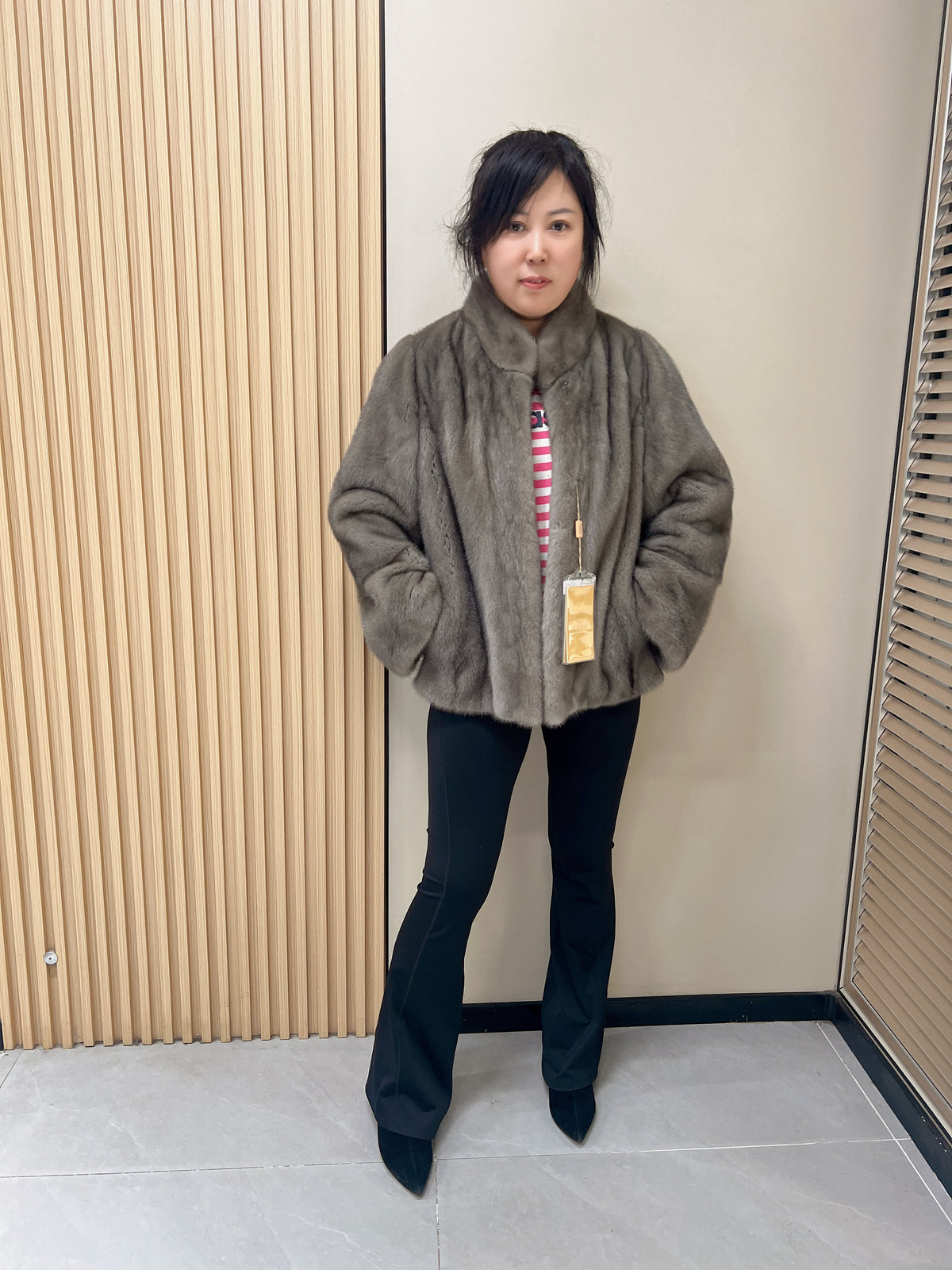 No. 326 Grey Stand-Collar Mink Fur Coat