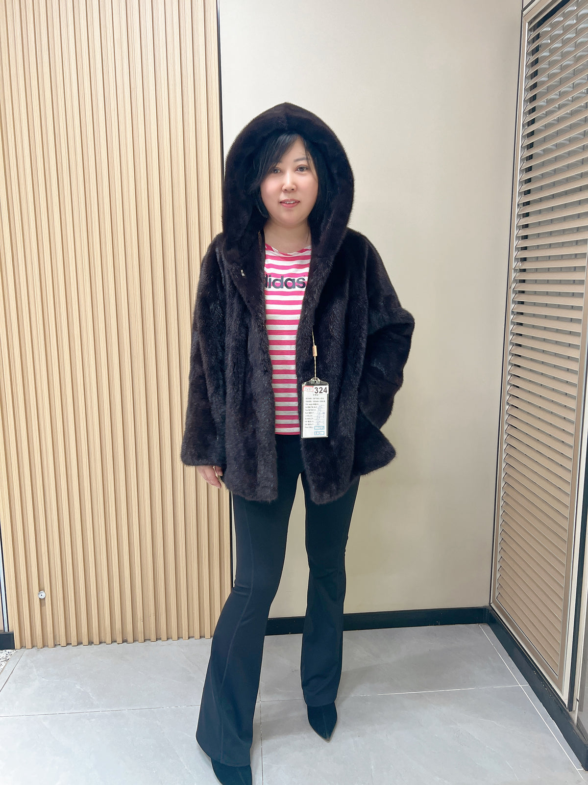 No. 324 Dark Brown Hooded Mink Fur Coat