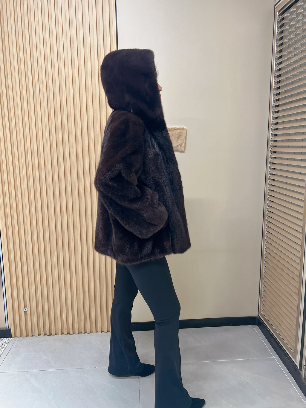 No. 324 Dark Brown Hooded Mink Fur Coat
