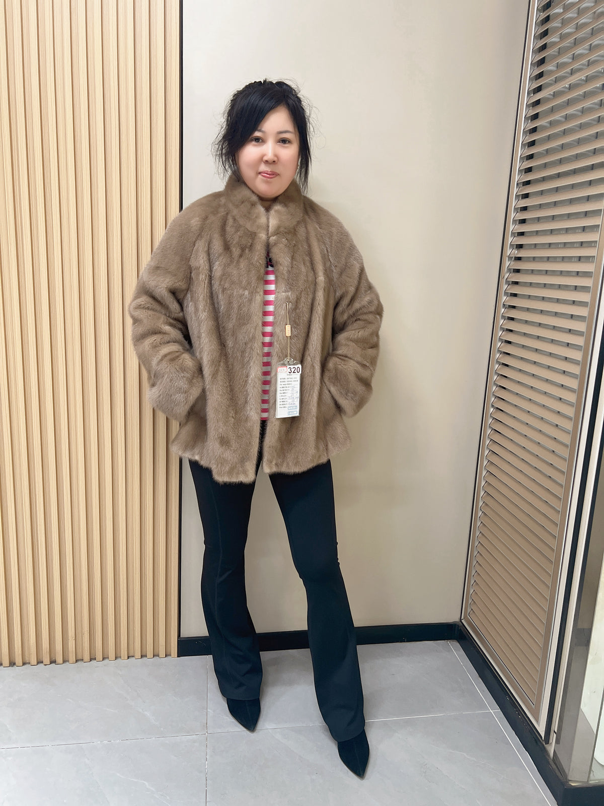No. 320 Light Brown Stand-Collar Mink Fur Coat