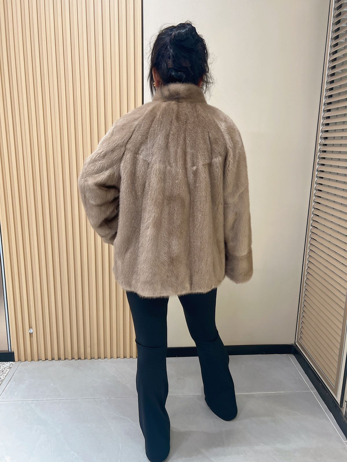 No. 320 Light Brown Stand-Collar Mink Fur Coat