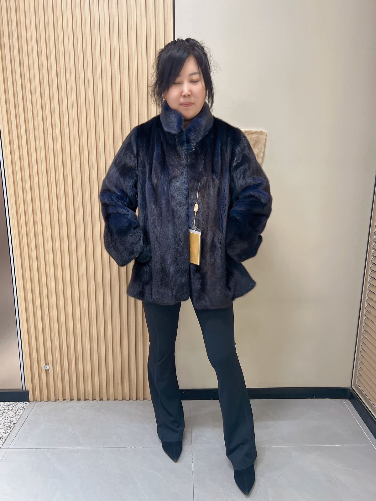 No. 319 Dark Blue Stand-Collar Mink Fur Coat