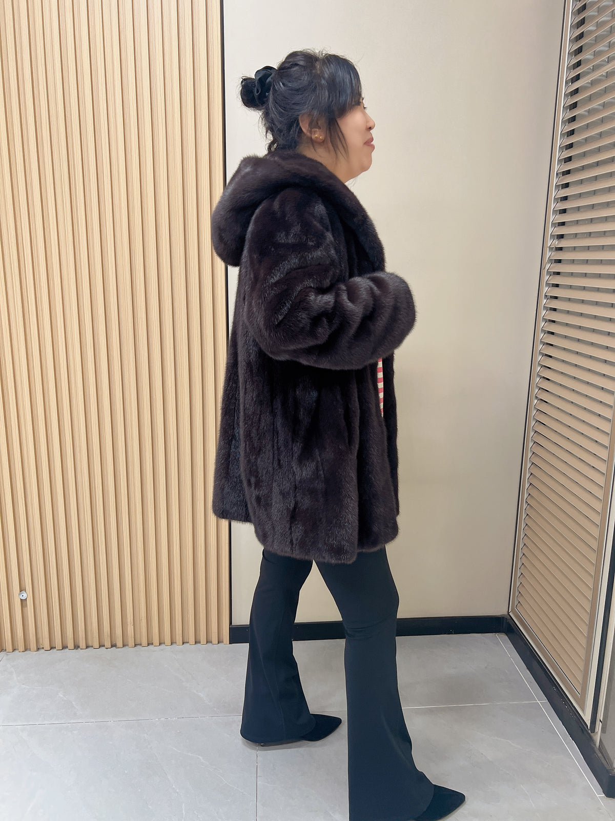 No. 317 Dark Brown Hooded Mink Fur Coat