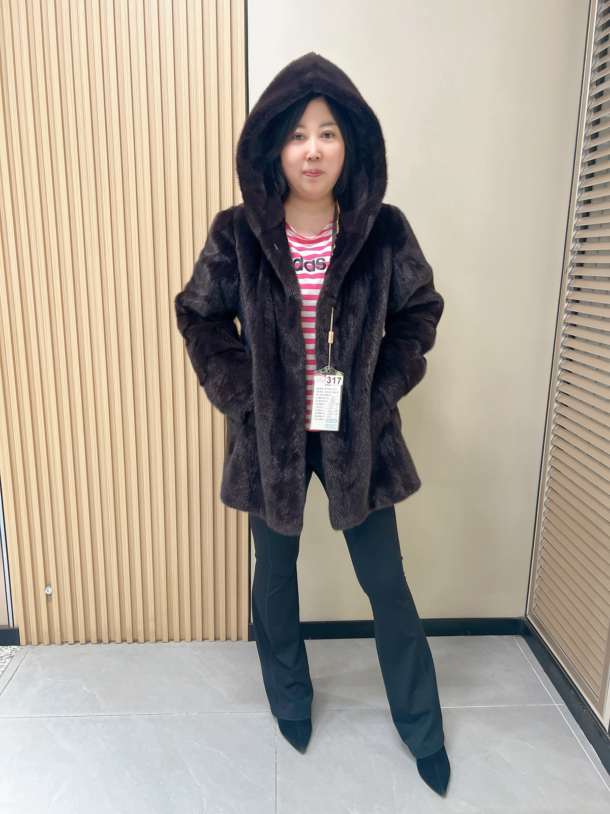 No. 317 Dark Brown Hooded Mink Fur Coat