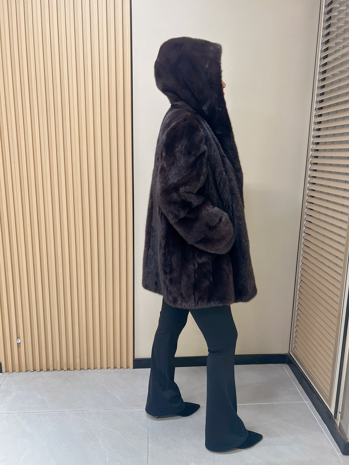 No. 317 Dark Brown Hooded Mink Fur Coat