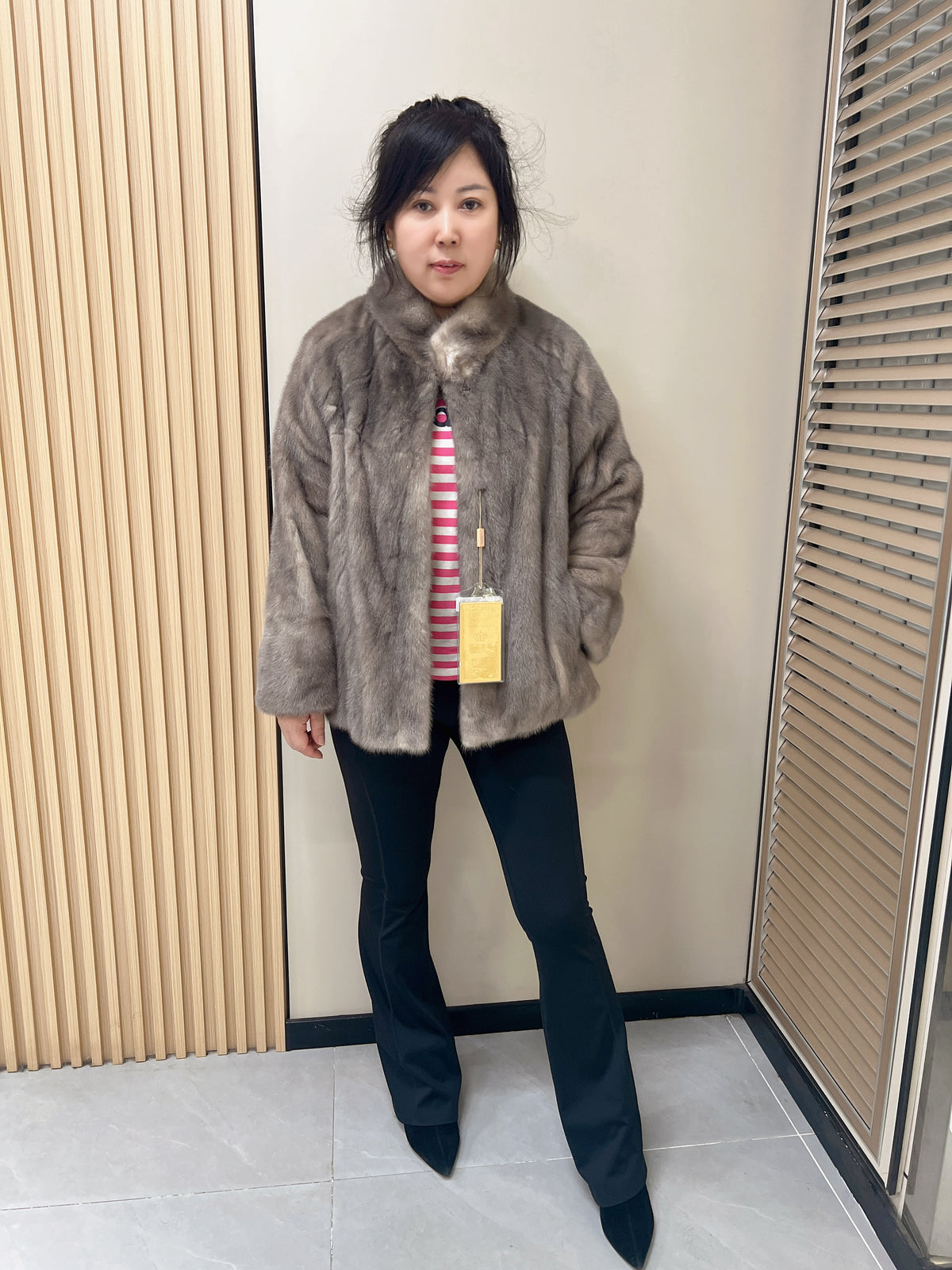 No. 312 Latte-Grey Stand-Collar Mink Fur Coat